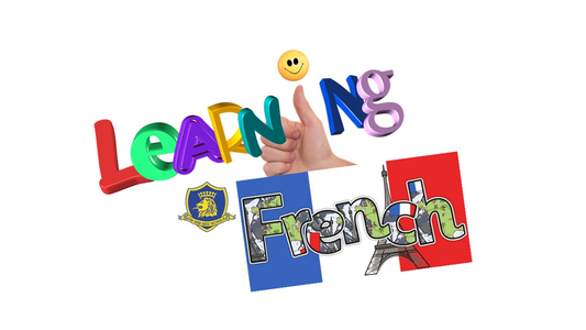 Learn French logo with various items in shape of the letters